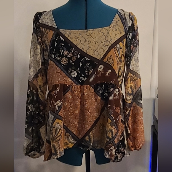 #35 American Eagle Floral Patchwork Square Neck Tie Back Babydoll Top, Medium - Picture 5 of 10